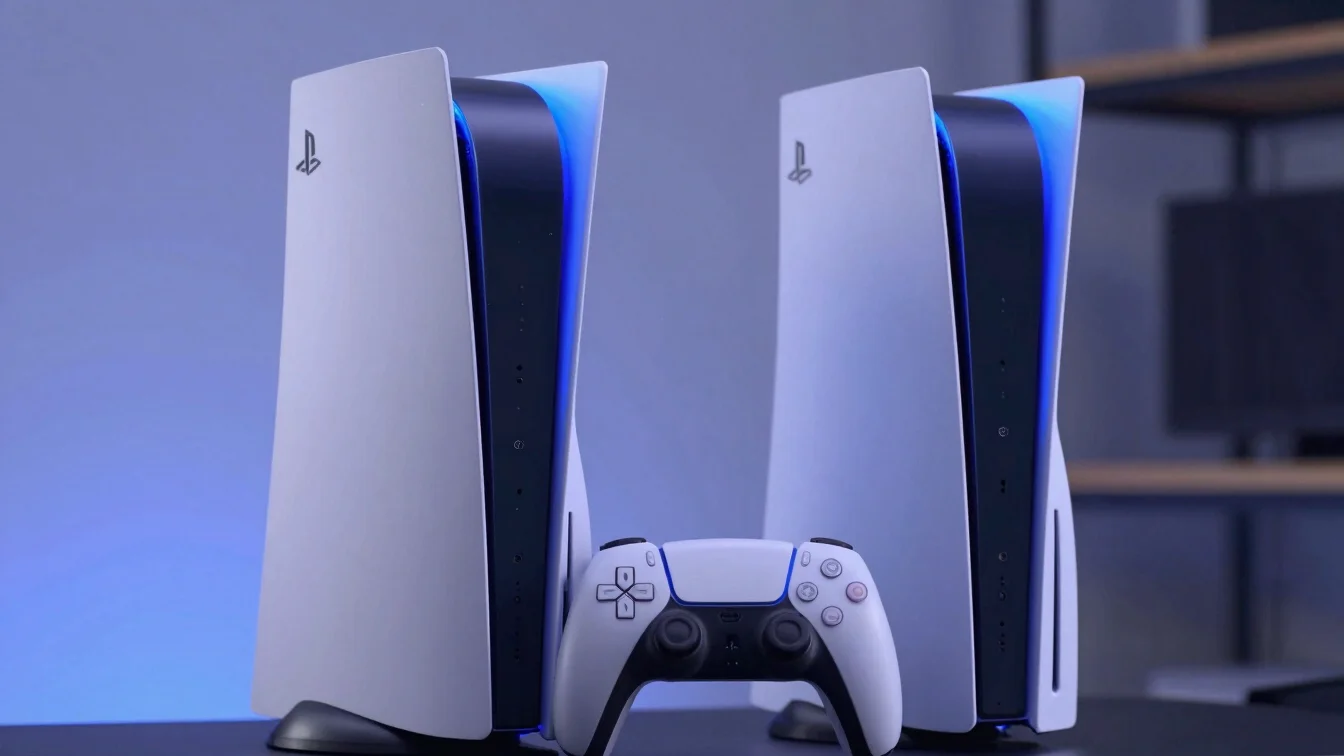 Close-up of a PlayStation 5 console with a PS Plus logo overlay,