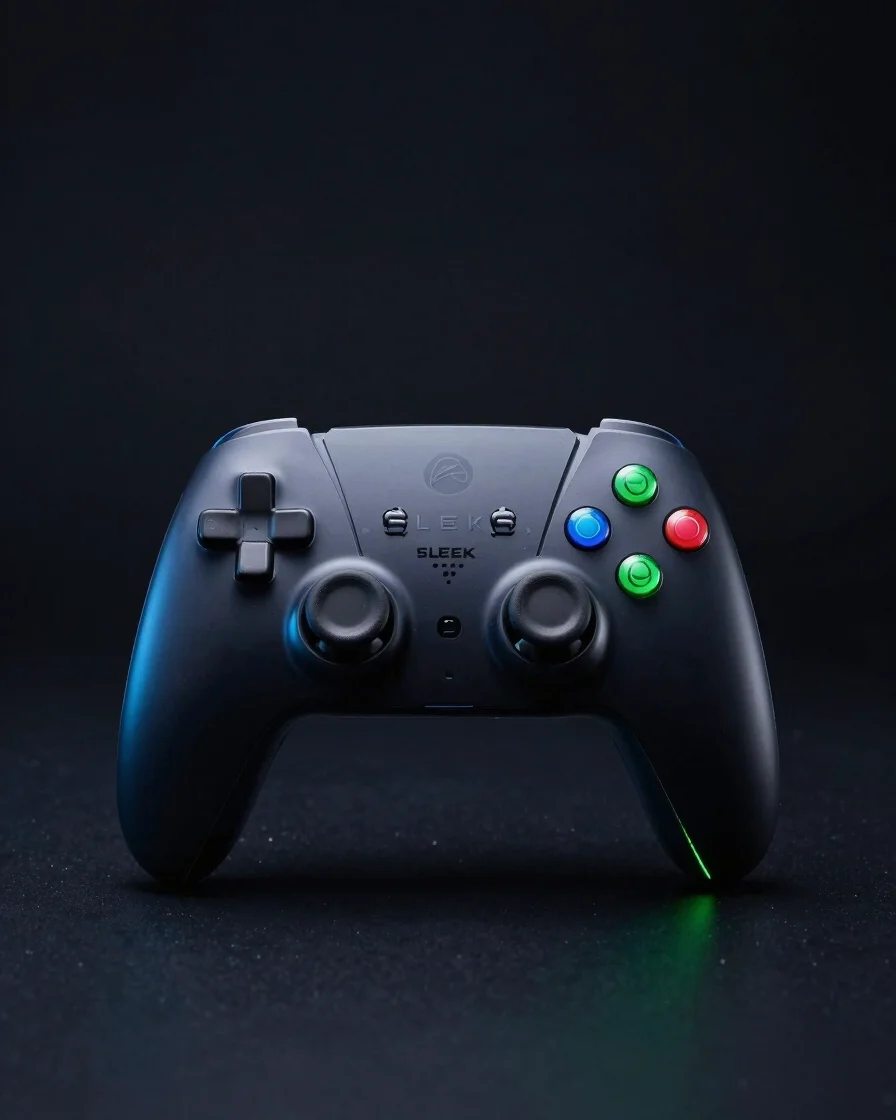 Sleek gaming console with neon blue and green lighting, studio shot, dark background, crisp focus, cinematic, 21:9 aspec