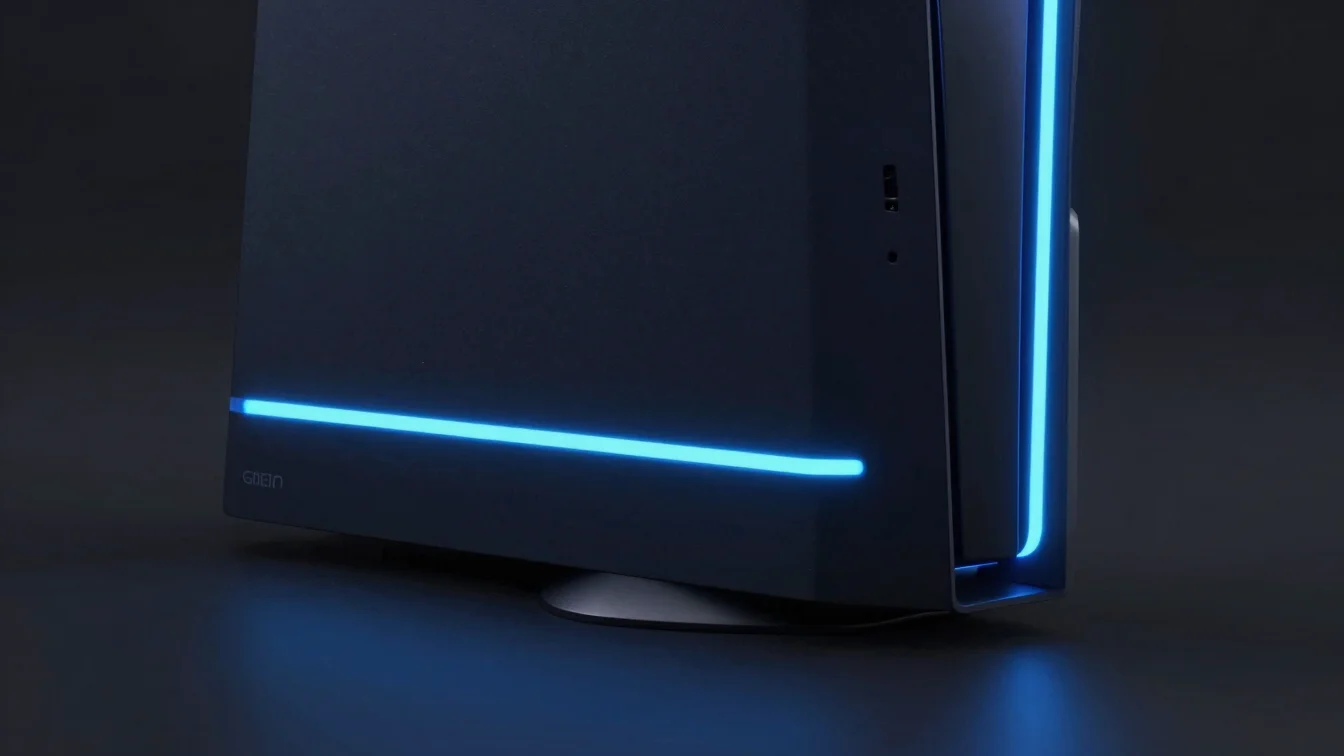 Close-up of a modern gaming console, glowing with neon blue light