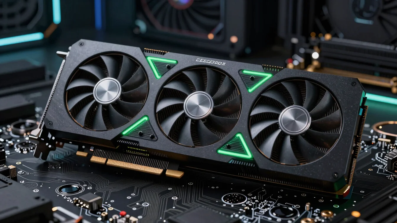 Detail shot of a high-performance PC graphics card, with green LE