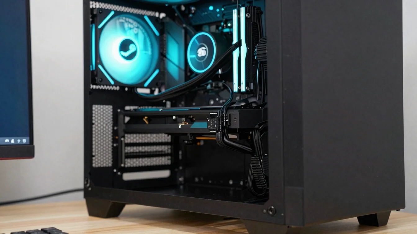 Close-up of a gaming PC setup with a Steam logo on screen, neon c