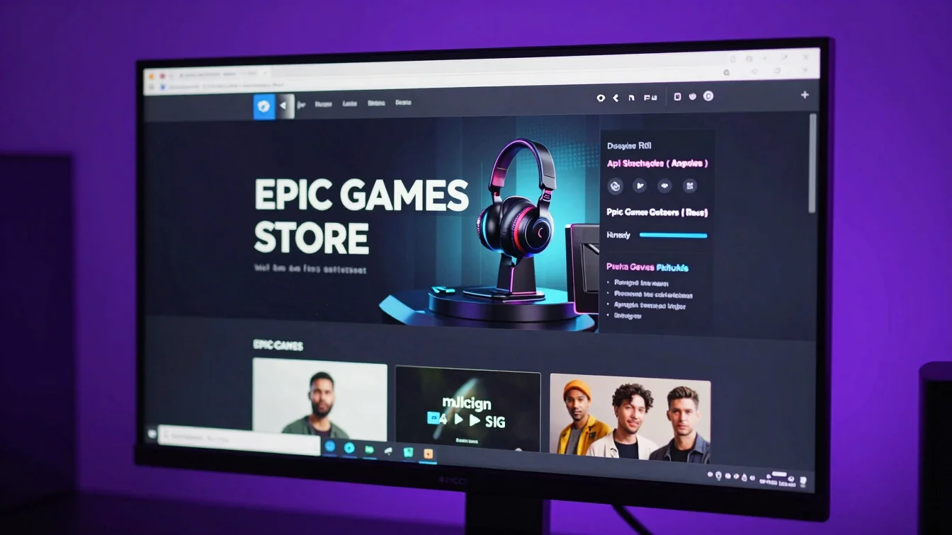 Close-up of a monitor displaying the Epic Games Store interface,