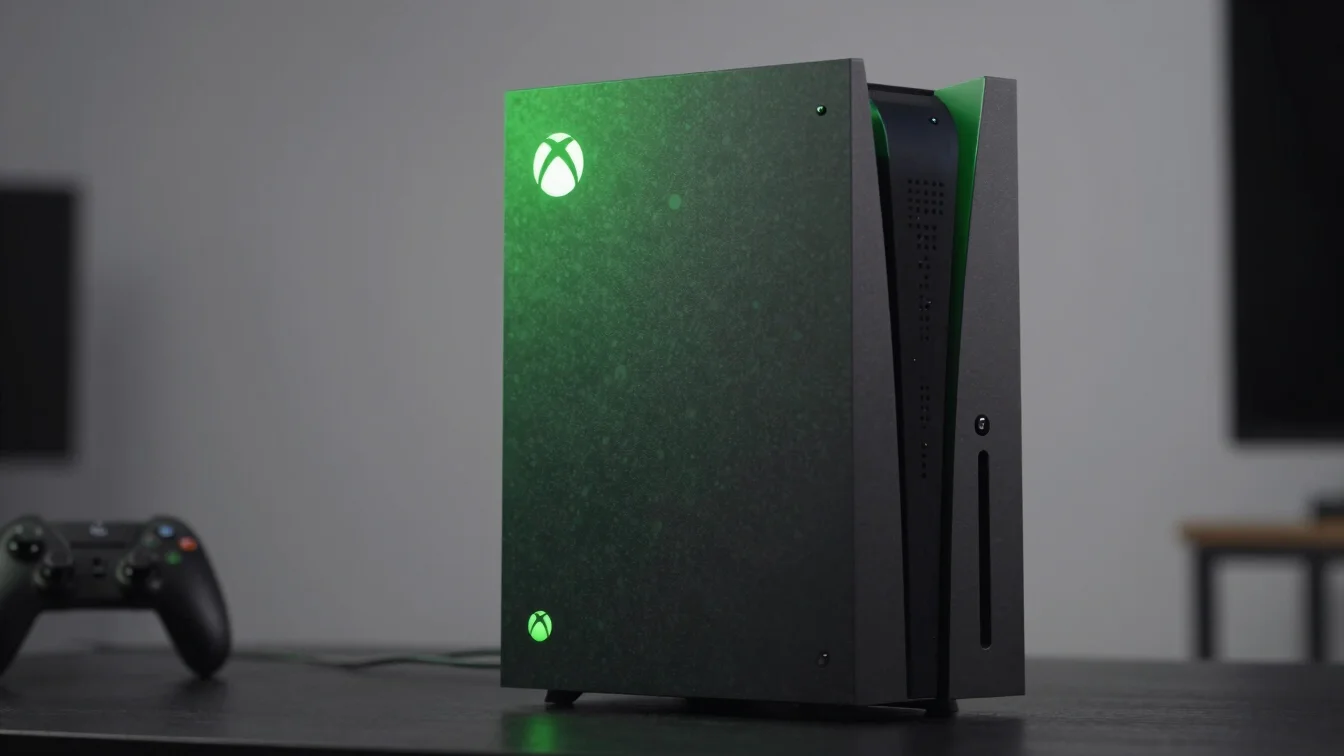 Close-up of an Xbox Series X console with a Game Pass logo overla