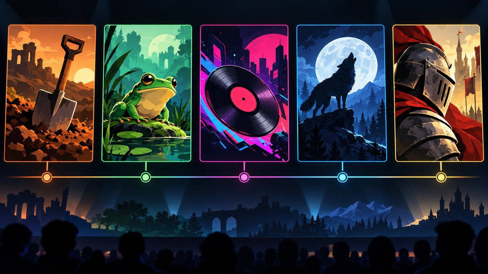 Ilustración editorial de una presentación de juegos independientes con cinco conceptos visuales.