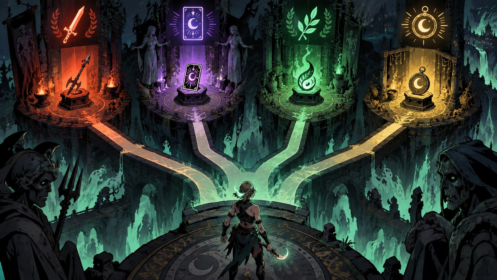 Ruta visual de una run de Hades II con decisiones de arma, Arcana, dones y recursos